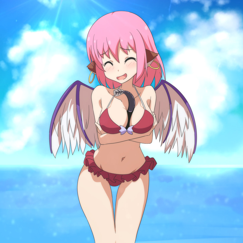 1girl :d ^_^ animal_ears bare_shoulders between_breasts bikini bird_wings blush breasts cato_(monocatienus) closed_eyes earrings eel facing_viewer female_focus fish head_tilt hip_focus jewelry lamprey medium_breasts mystia_lorelei navel open_mouth outdoors pink_hair self_hug sexually_suggestive short_hair smile solo stomach strap_gap swimsuit thigh_gap thighs touhou wings