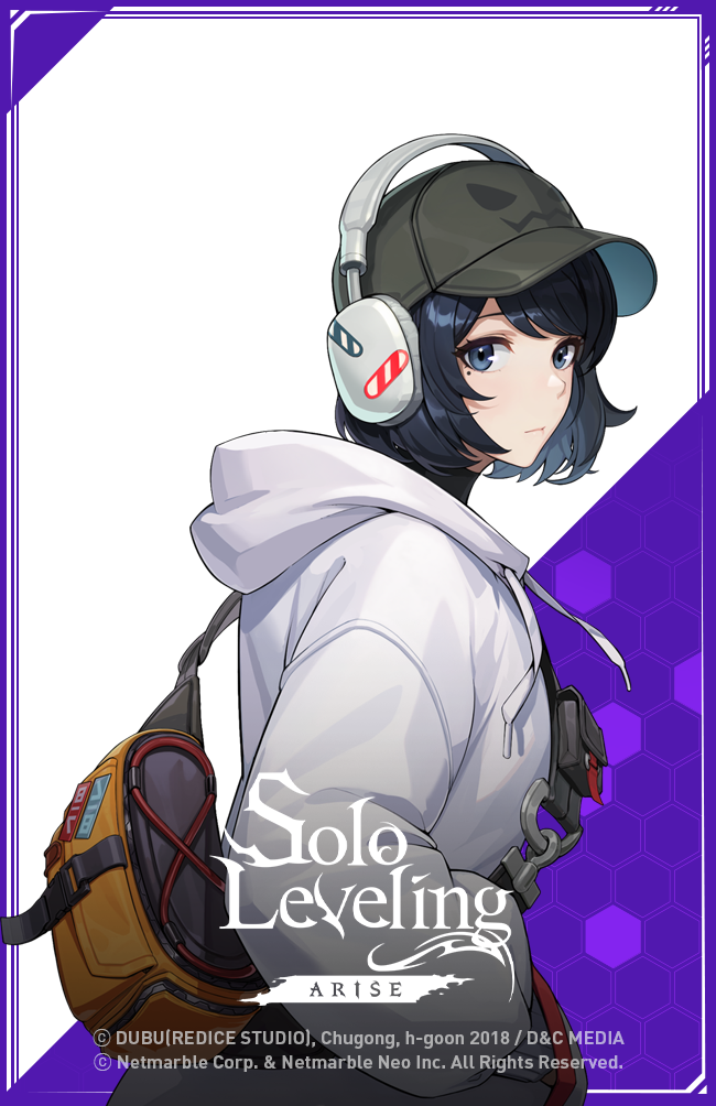 1girl blue_eyes blue_hair blush female_focus han_song-yi looking_at_viewer multicolored_background picture_frame short_hair solo_leveling text_focus text_print