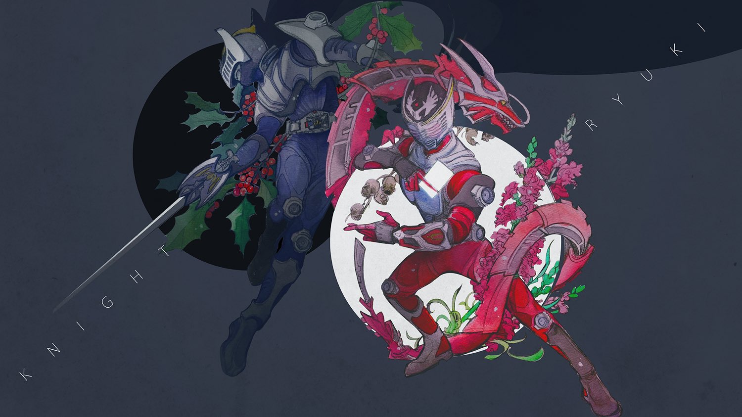 2boys armor bad_id bad_twitter_id bat_(animal) blue_bodysuit bodysuit character_name compound_eyes contract_monster dragon dragreder eastern_dragon holding holding_weapon jo_mawe kamen_rider kamen_rider_knight kamen_rider_ryuki kamen_rider_ryuki_(series) mecha_pilot_suit multiple_boys name_connection plugsuit_(evangelion) red_bodysuit red_eyes sword v_buckle weapon