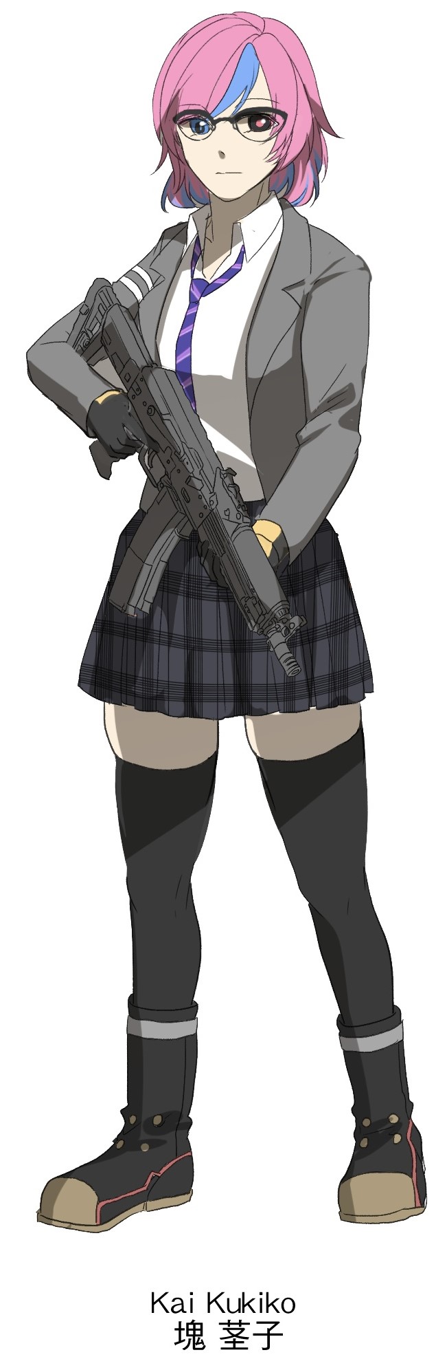 black_sclera colored_sclera crossover_nexus_project crossover_nexus_series glasses gun highres holding holding_gun holding_weapon isekai_monogatari_series kai_kukiko necktie ppk-20 school_uniform submachine_gun tsang_fei weapon