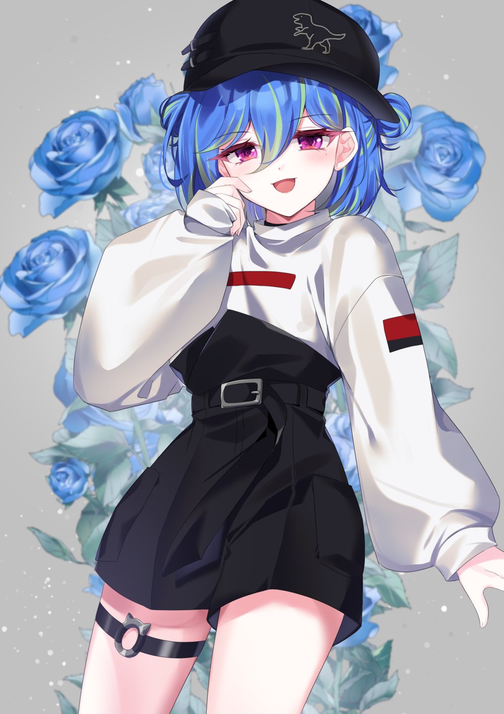 1girl :d baseball_cap belt black_belt black_hat black_shorts blue_flower blue_hair blue_rose blush commentary cowboy_shot double_bun fingernails flat_chest floral_background flower green_hair grey_background hair_between_eyes hair_bun hat high-waist_shorts highres long_bangs long_sleeves looking_at_viewer mnyang mole mole_under_eye multicolored_hair nanashi_inc. o-ring o-ring_thigh_strap official_alternate_costume open_mouth pink_eyes pocket rose short_hair shorts smile solo suzumi_nemo suzumi_nemo_(2nd_costume) sweater symbol-only_commentary thigh_strap two-tone_hair virtual_youtuber white_sweater