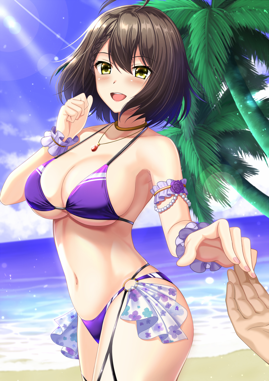 1girl :d azur_lane baltimore_(azur_lane) bare_shoulders bikini blue_sky blush breasts cleavage cloud collarbone commentary_request cowboy_shot day hair_between_eyes highres large_breasts looking_at_viewer navel open_mouth outdoors pov pov_hands purple_bikini shibata_rai sidelocks sky smile solo_focus standing stomach swimsuit teeth underboob upper_teeth_only