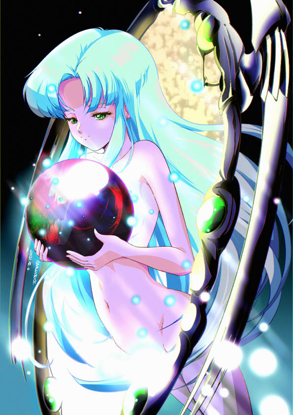 1girl ancient_ys_vanished blue_hair closed_mouth commentary_request dutch_angle eyelashes feena_(ys) gradient_background green_eyes holding light_censor long_hair looking_ahead navel nude solo tomo5656ky very_long_hair ys