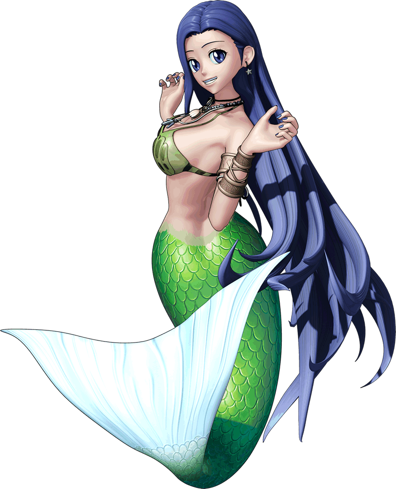 1girl black_hair blue_eyes breasts celia_(rave) cleavage groove_adventure_rave jewelry large_breasts long_hair looking_at_viewer mermaid mermaid_tail mermaid_transformation monster_girl navel necklace official_art rave_(manga)