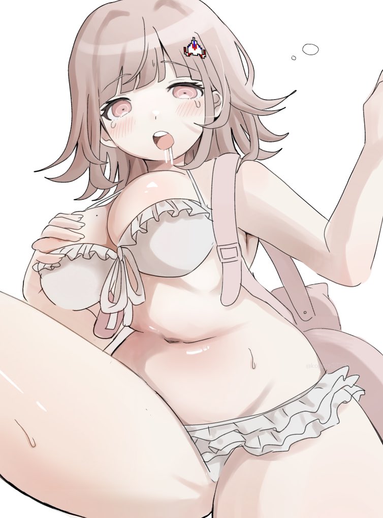 1girl animal_bag bare_shoulders bikini blush breasts brown_hair cat_bag cleavage collarbone danganronpa_(series) danganronpa_2:_goodbye_despair flipped_hair galaga grabbing_own_breast hair_ornament ikemen&#039;na_ore-shi large_breasts looking_at_viewer medium_hair nanami_chiaki navel open_mouth pink_bag simple_background solo spaceship_hair_ornament swimsuit white_background white_bikini