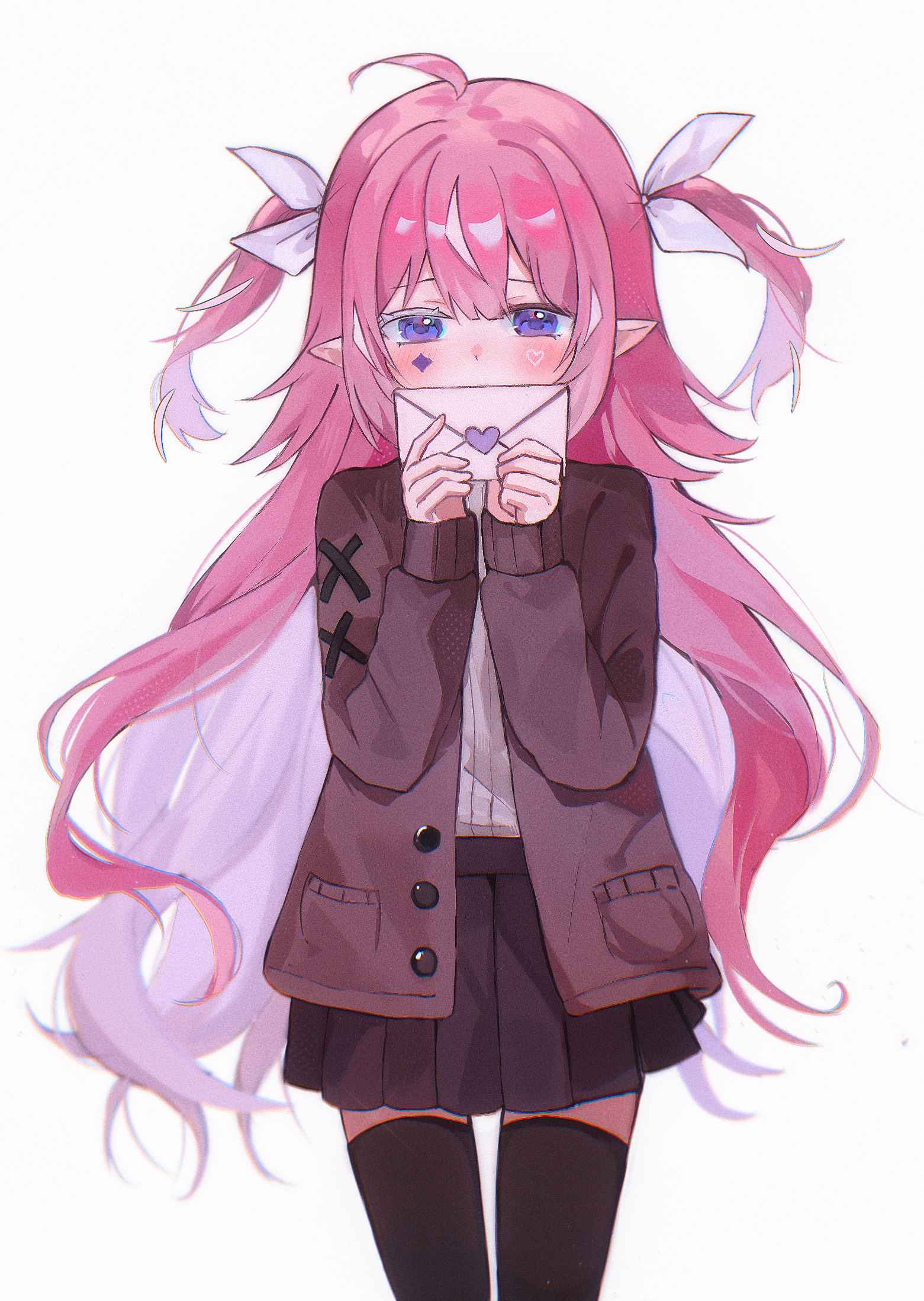1girl ahoge black_skirt black_thighhighs blush brown_jacket camila_(vtuber) commentary cowboy_shot diamond_facial_mark english_commentary facial_mark hair_ribbon heart heart_facial_mark highres holding holding_letter indie_virtual_youtuber jacket letter long_hair long_sleeves looking_at_viewer love_letter multicolored_hair pink_hair pinkpink939 pleated_skirt purple_eyes ribbon second-party_source shirt shirt_tucked_in simple_background skirt solo straight-on streaked_hair thighhighs two_side_up very_long_hair virtual_youtuber white_background white_hair white_ribbon white_shirt