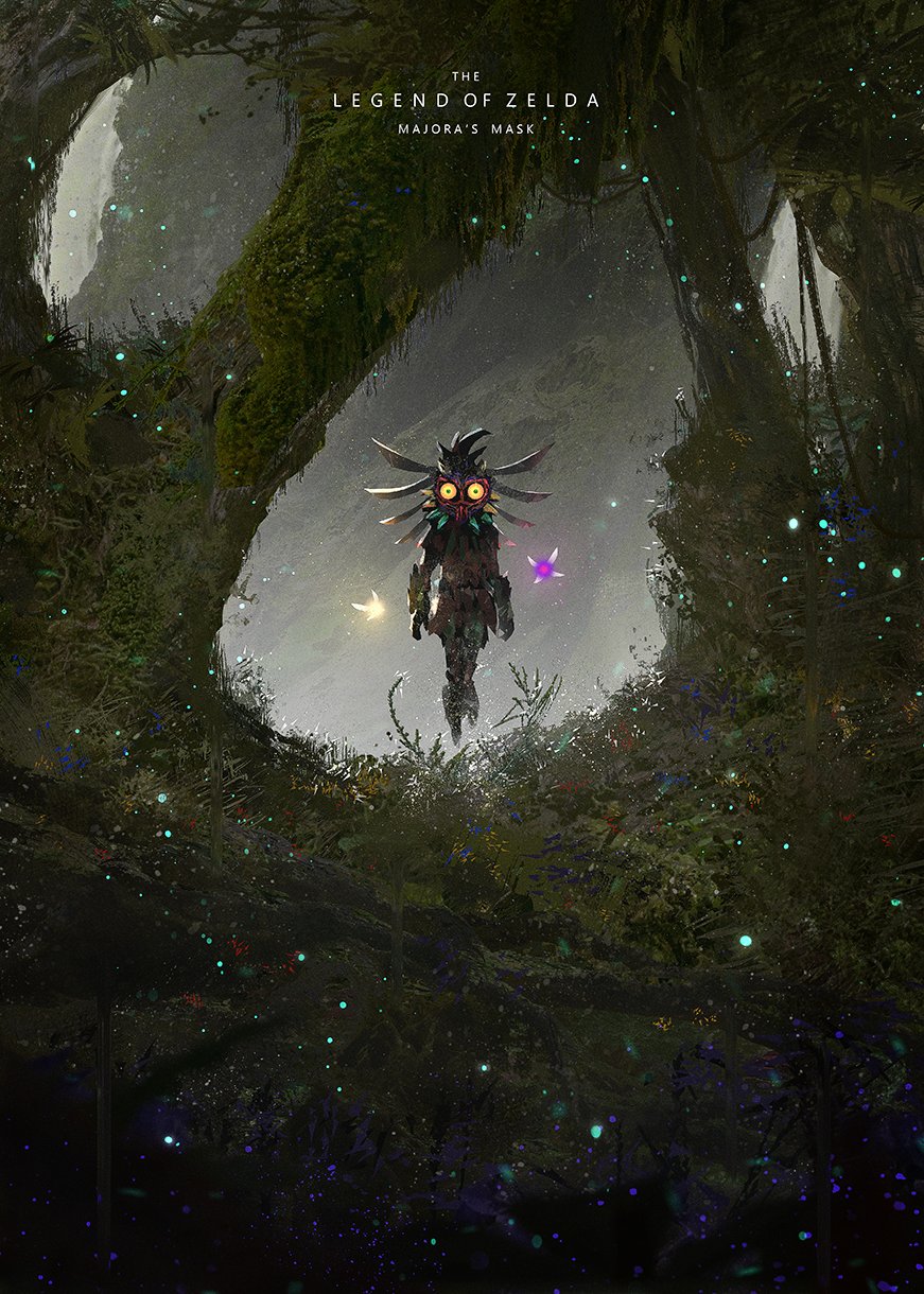1boy copyright_name fairy forest glowing highres horns male_focus mask moss nature nintendo otsumami_(bu-bu-heaven) outdoors skull_kid tael tatl the_legend_of_zelda the_legend_of_zelda:_majora&#039;s_mask wings