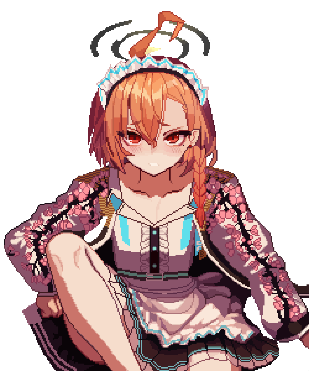 1girl apron black_halo black_skirt blue_archive blush braid center_frills clenched_teeth collarbone commentary cowboy_shot floral_print floral_print_jacket frilled_apron frilled_shirt frills furrowed_brow hair_between_eyes halo highres jacket knee_up long_sleeves looking_at_viewer maid maid_headdress mole mole_under_eye neru_(blue_archive) open_clothes open_jacket orange_hair pixel_art pleated_skirt print_jacket red_eyes shirt short_eyebrows short_hair simple_background single_braid sitting skirt solo sukajan teeth thick_eyebrows tinia_etru tsurime waist_apron white_apron white_background white_shirt