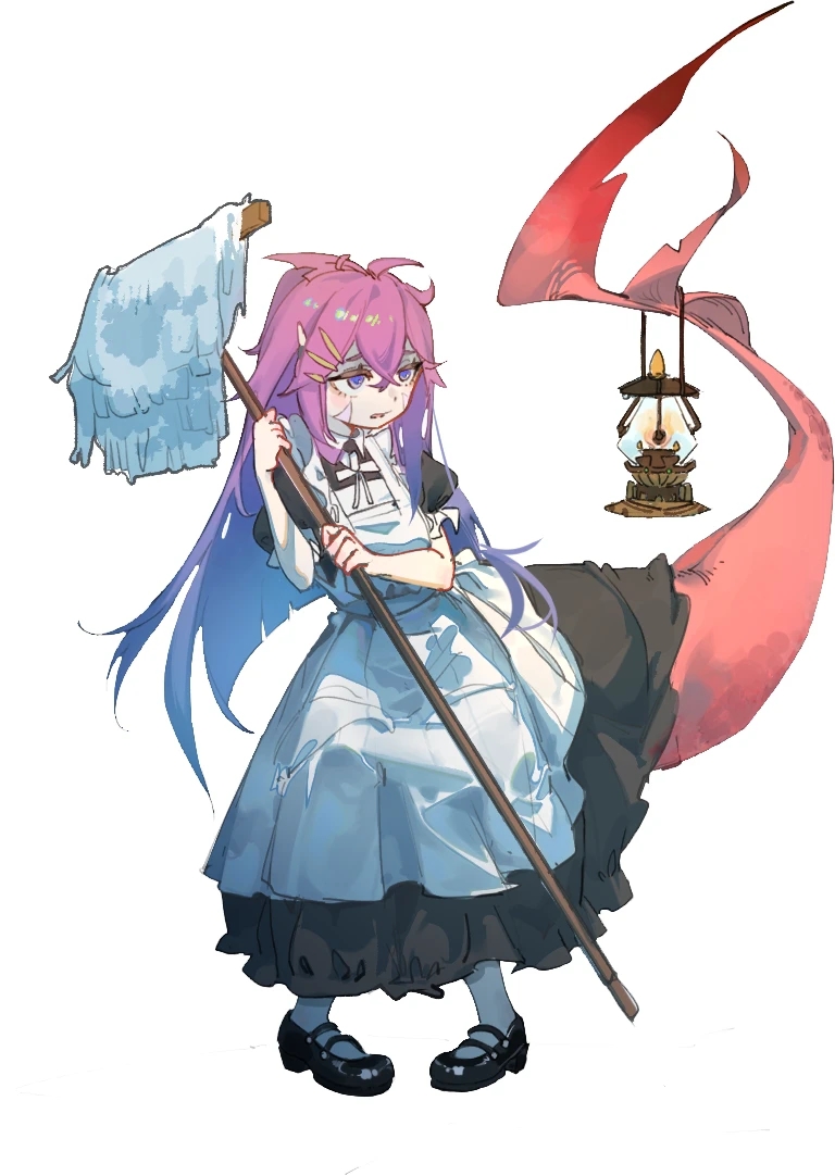 1girl apron black_dress black_shoes blue_eyes dress full_body holding holding_mop jiuxiaoshi maid maid_apron messy_hair mop open_mouth original puffy_short_sleeves puffy_sleeves purple_hair shoes short_sleeves simple_background solo tail white_background