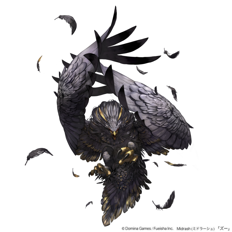 animal beak bird black_bird black_feathers copyright_name copyright_notice feathers full_body looking_at_viewer midrash official_art open_mouth solo tagme talons two-tone_feathers white_background yumo80295386