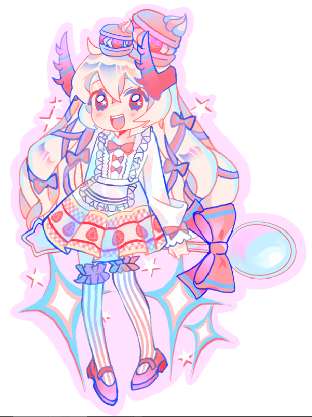 1234blue_ray 1girl dress food food_print fruit_print full_body hair_ribbon holding holding_spoon horns long_hair macaron open_mouth phighting! pink_horns pink_ribbon ribbon roblox simple_background smile solo sparkle spoon star_(symbol) strawberry_print striped_clothes striped_thighhighs thighhighs very_long_hair vinestaff_(phighting!) white_background white_dress white_hair