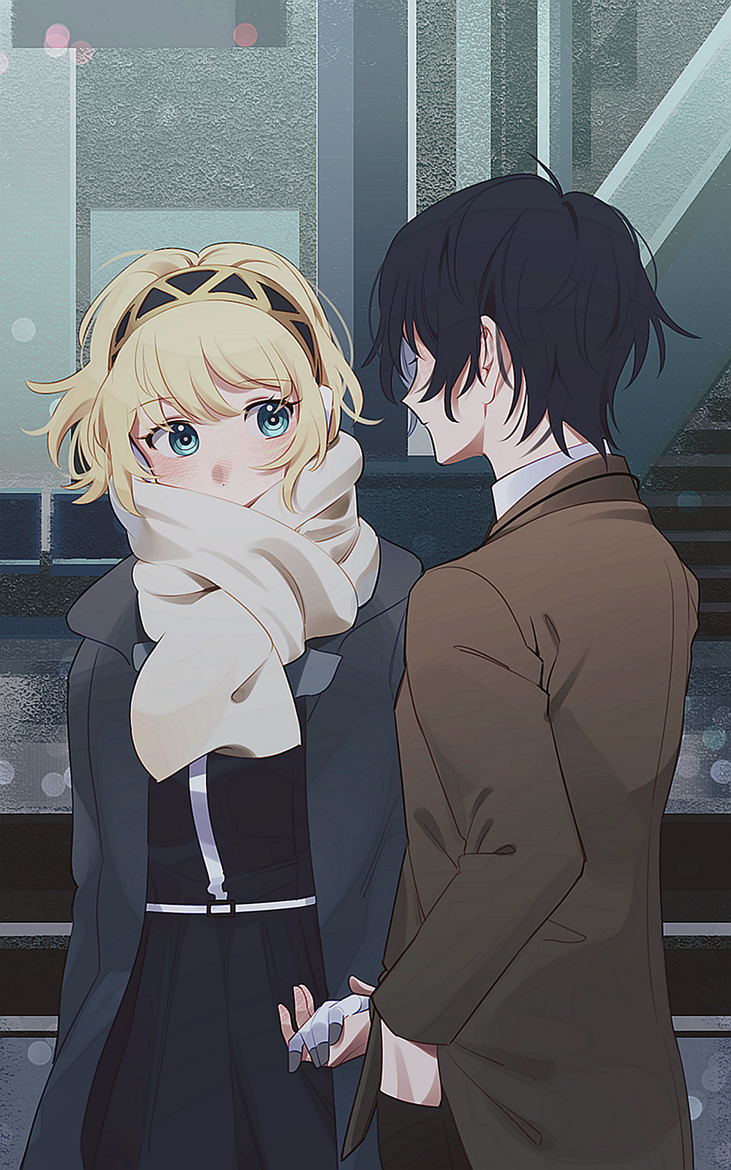 1boy 1girl aigis_(persona) alternate_costume android black_hairband black_jacket black_skirt blonde_hair blue_eyes blue_hair blush brown_jacket closed_mouth commentary_request covered_mouth elulit2 gekkoukan_high_school_uniform gold_trim hairband hand_in_pocket highres holding_hands jacket long_sleeves looking_at_another open_clothes open_jacket persona persona_3 scarf scarf_over_mouth school_uniform short_hair skirt white_scarf winter_clothes yuuki_makoto_(persona_3)