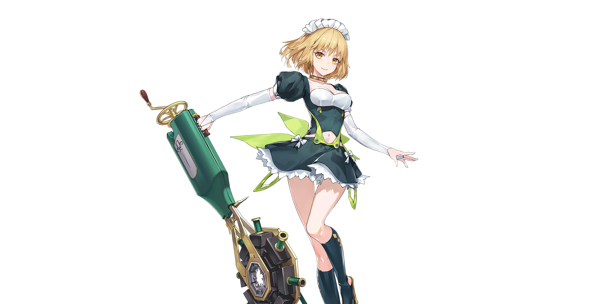 1girl android bad_source beatless blonde_hair breastless_clothes breasts bridal_gauntlets cleavage cropped_legs device dress green_dress hands_up high_heels highres jewelry kneehighs maid_headdress mariage mecha_musume navel neck_ring official_art puffy_sleeves rekaerb_maerd short_hair simple_background smile socks standing standing_on_one_leg transparent_background yellow_eyes
