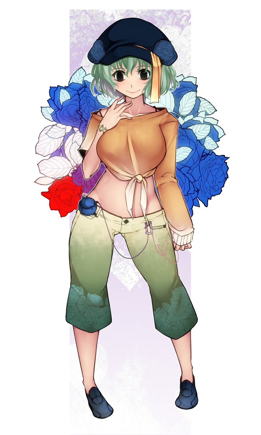 adapted_costume aoshima asymmetrical_sleeves bracelet breasts capri_pants floral_background floral_print groin hat highres jewelry komeiji_koishi large_breasts lowleg midriff pants third_eye touhou