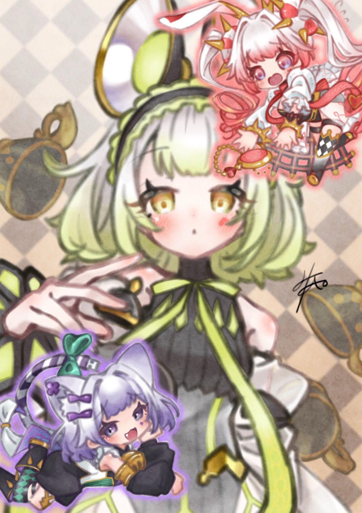 3girls animal_ears asymmetrical_clothes asymmetrical_legwear black_leotard blush bow cat_ears cat_girl checkered_background checkered_clothes checkered_legwear chibi double_bun duel_monster green_bow grey_hair hair_bun hairband hand_on_own_cheek hand_on_own_face highres leotard long_hair long_sleeves looking_at_viewer lying maliss_<p>_chessy_cat maliss_<p>_dormouse maliss_<p>_white_rabbit mouse_ears mouse_girl multicolored_hair multiple_girls norainu_(wtus2283) on_stomach open_mouth pink_eyes pocket_watch purple_eyes rabbit_ears rabbit_girl see-through_clothes see-through_sleeves short_hair signature smile spiked_hairband spikes thigh_strap twintails two-tone_hair usb very_long_hair watch yu-gi-oh!
