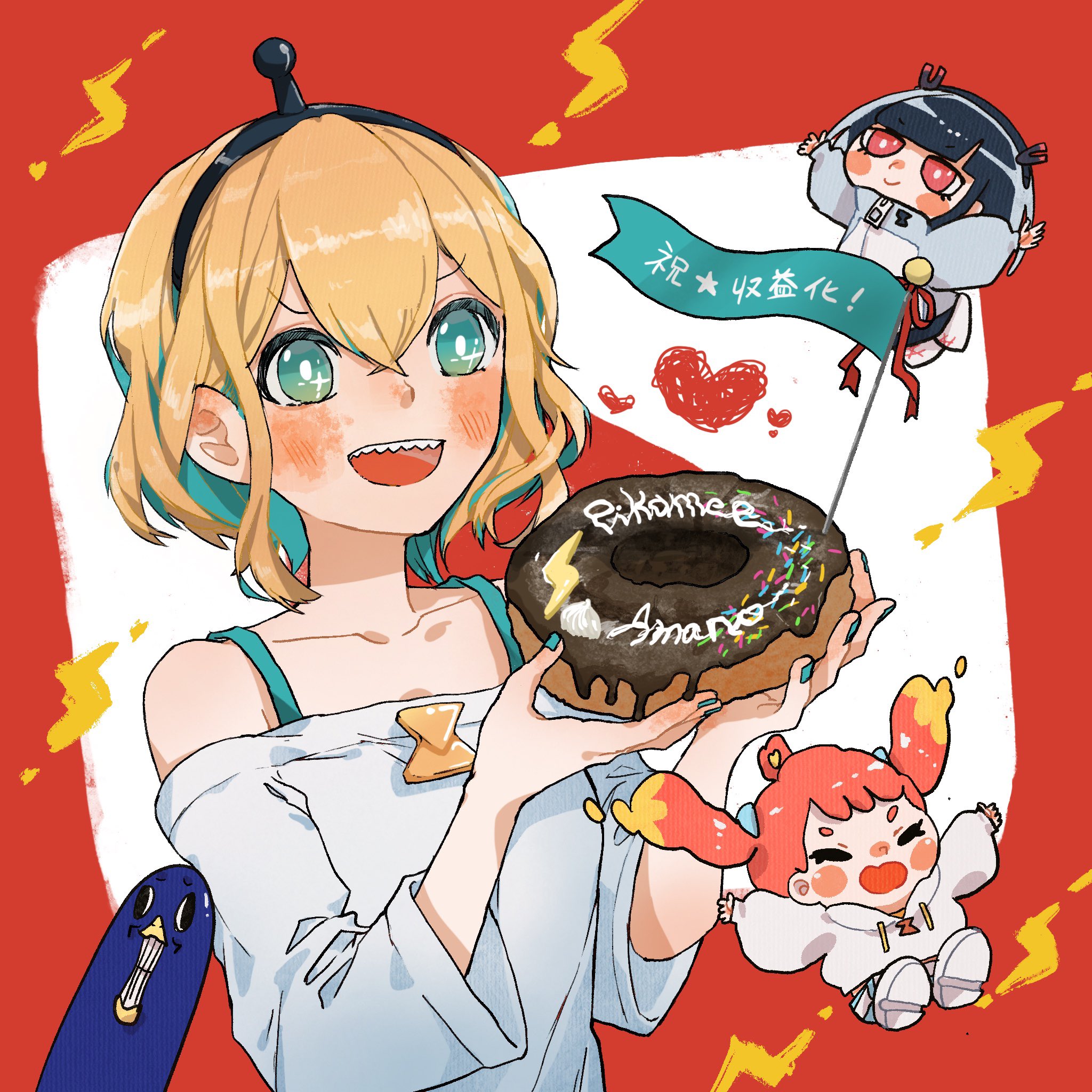 3girls :d amano_pikamee animal aqua_hair aqua_nails bad_id bad_twitter_id bare_shoulders bird black_hair black_hairband blonde_hair blue_shorts blush blush_stickers boots character_name chibi closed_eyes closed_mouth collarbone commentary_request donut drawstring flag food green_eyes grin gyari_(bird) hairband hands_up heart highres hikasa_tomoshika holding holding_food hood hood_down hoodie jacket jitomi_monoe lace-up_boots lightning_bolt_symbol long_sleeves magnet magome multicolored_hair multiple_girls nail_polish off-shoulder_shirt off_shoulder open_mouth puffy_long_sleeves puffy_sleeves red_background red_eyes red_hair sandals sharp_teeth shirt shoe_soles shorts sleeves_past_wrists smile teeth two-tone_background two-tone_hair virtual_youtuber voms white_background white_footwear white_hoodie white_jacket white_shirt zipper_pull_tab