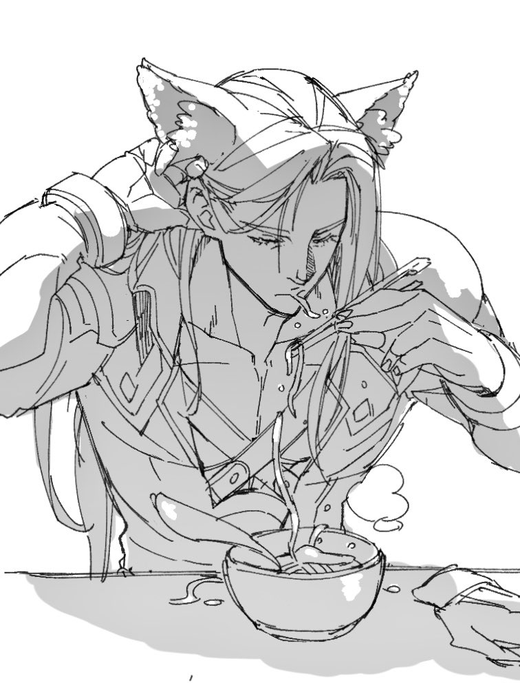 1boy animal_ears armor bangle bracelet chest_strap chopsticks closed_eyes coat eating final_fantasy final_fantasy_vii final_fantasy_vii_rebirth final_fantasy_vii_remake food fox_boy fox_ears gloves greyscale hair_behind_ear holding holding_chopsticks jewelry kemonomimi_mode long_bangs long_hair male_focus merchandise monochrome nissin nissin_donbei noodles parted_bangs ryouto sephiroth sephiroth_(don_gitsune) shoulder_armor solo tucking_hair udon unworn_gloves upper_body white_background
