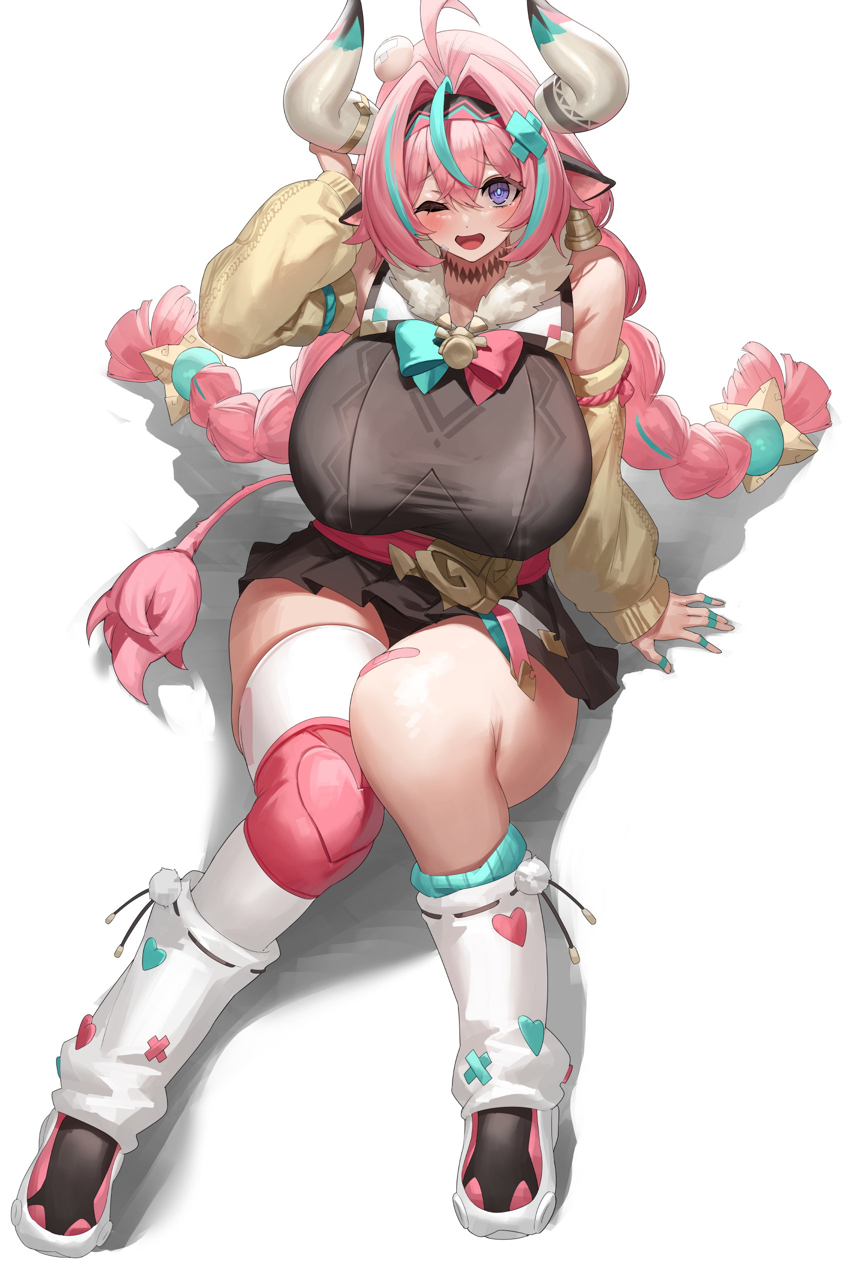 1girl absurdres animal_ears bandaid bandaid_on_knee bandaid_on_leg bare_shoulders blue_eyes blush braid breasts cow_ears full_body genshin_impact green_hair hair_intakes hairband highres horns huge_breasts long_hair long_sleeves looking_at_viewer multicolored_hair one_eye_closed open_mouth pink_hair simple_background single_thighhigh sitting solo streaked_hair tail thighhighs thighs twin_braids varesa_(genshin_impact) white_background white_horns white_thighhighs yamanokami_eaka