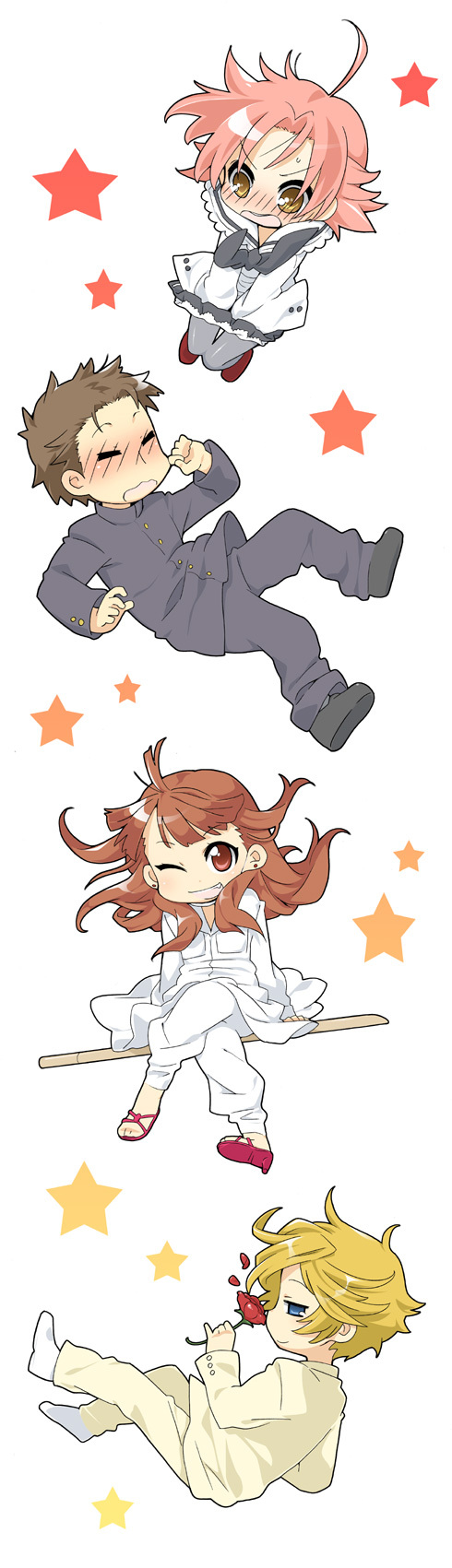 00s 2boys 2girls bad_id bad_pixiv_id blush bokken bousouzoku chibi coat delinquent falling flower gotou_yuuko gotouza gottouza highres hirokawa kogami_akira long_image lucky_star multiple_boys multiple_girls ono_daisuke red_flower red_rose rose school_uniform serafuku shiraishi_minoru simple_background smile sword tall_image tokkoufuku weapon white_background wooden_sword