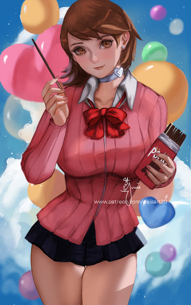 balloon black_skirt bow bowtie brown_eyes brown_hair cardigan choker cloud collared_shirt commentary earrings english_commentary food gekkoukan_high_school_uniform heart heart_balloon heart_choker holding holding_food holding_pocky jewelry looking_at_viewer miniskirt persona persona_3 pink_cardigan pleated_skirt pocky red_bow red_bowtie ribbed_cardigan school_uniform shirt short_hair signature single_earring skirt smile stud_earrings takeba_yukari watermark web_address wei_(promise_0820) white_choker