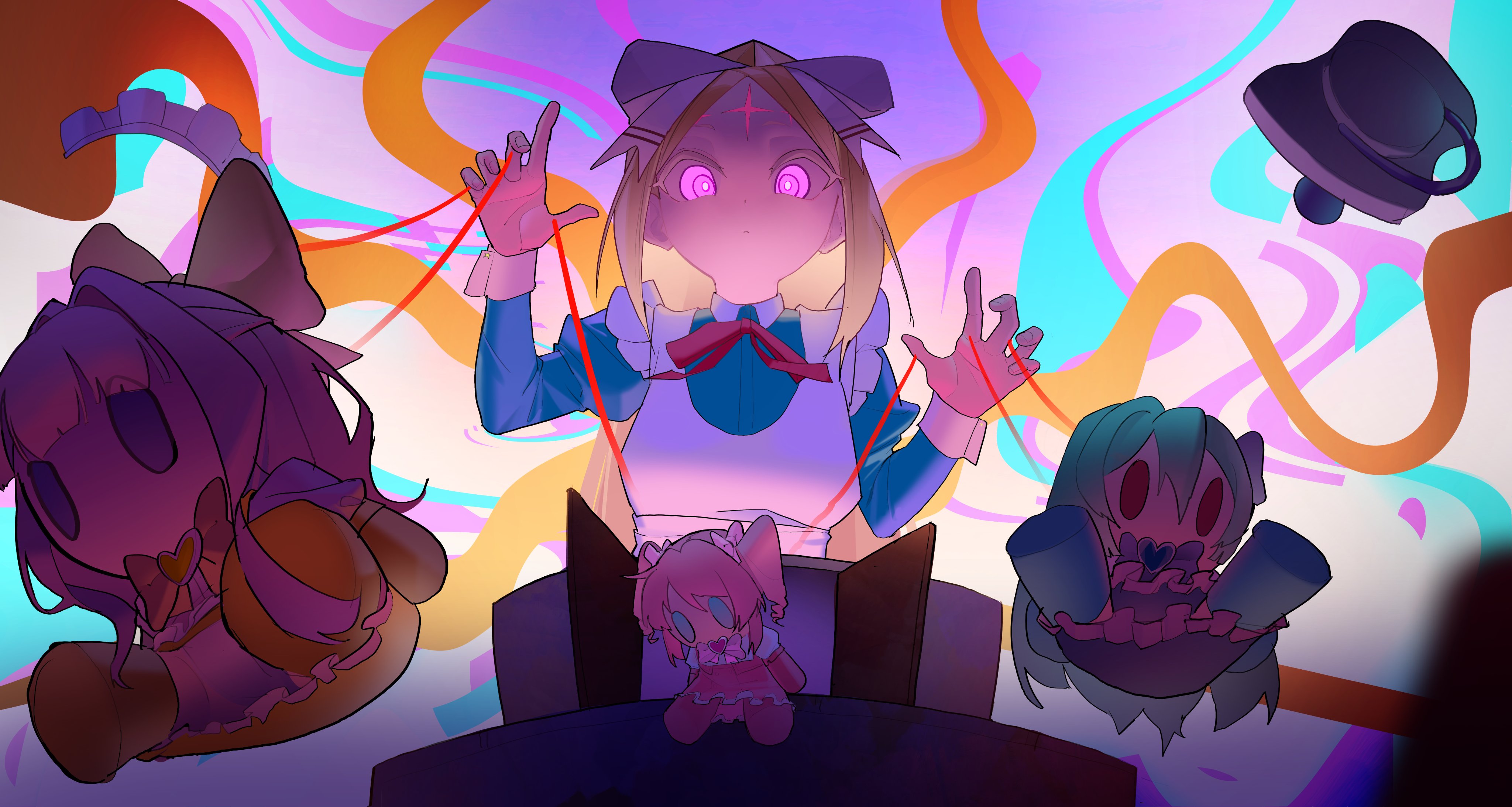 1girl absurdres apron blonde_hair bow character_doll commentary doll_house dress english_commentary hair_bow hakhpu highres long_hair magia_azure magia_magenta magia_sulfur mahou_shoujo_ni_akogarete morino_korisu nero_alice pacifier psychedelic puppet_strings purple_eyes serious simple_background solo star_(symbol) string
