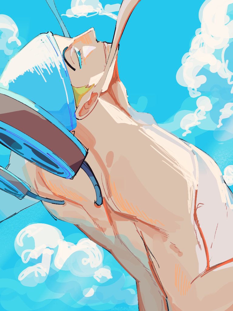 1boy back blonde_hair blue_sky commentary_request drum enel from_above hat instrument long_earlobes male_focus mecuru_mecu one_piece parted_lips sideburns sky solo topless_male