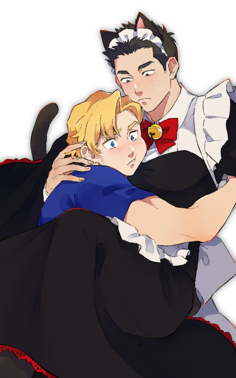 2boys alternate_costume animal_ears ao_isami black_hair blonde_hair blush cat_boy cat_ears cat_tail cheek_press couple enmaided facial_hair feet_out_of_frame highres kemonomimi_mode lewis_smith lying_on_person maid male_focus multiple_boys nikutabetai502 pectoral_pillow playing_with_another&#039;s_hair sideburns_stubble stubble tail thick_eyebrows yaoi yuuki_bakuhatsu_bang_bravern