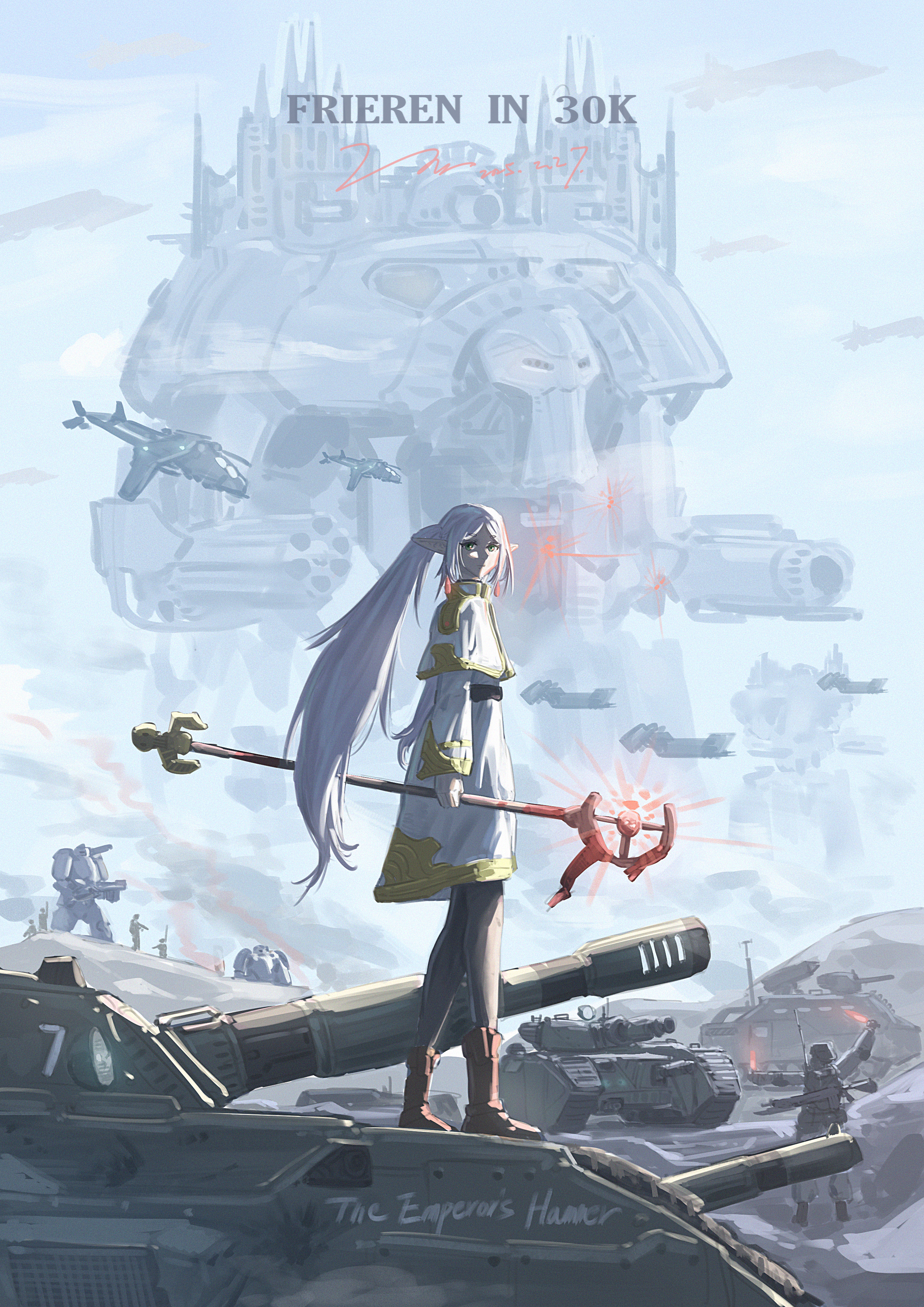 1girl absurdres armored_vehicle astra_militarum black_pantyhose boots brown_boots capelet chimera_(warhammer_40k) collegia_titanica elf frieren from_side gunship highres leman_russ_(tank) long_hair looking_at_viewer magic military_vehicle motor_vehicle pantyhose pointy_ears solo_focus sousou_no_frieren staff standing_on_vehicle tank titan_(warhammer_40k) user_kyxw3427 valkyrie_(warhammer_40k) warhammer_40k white_capelet white_hair