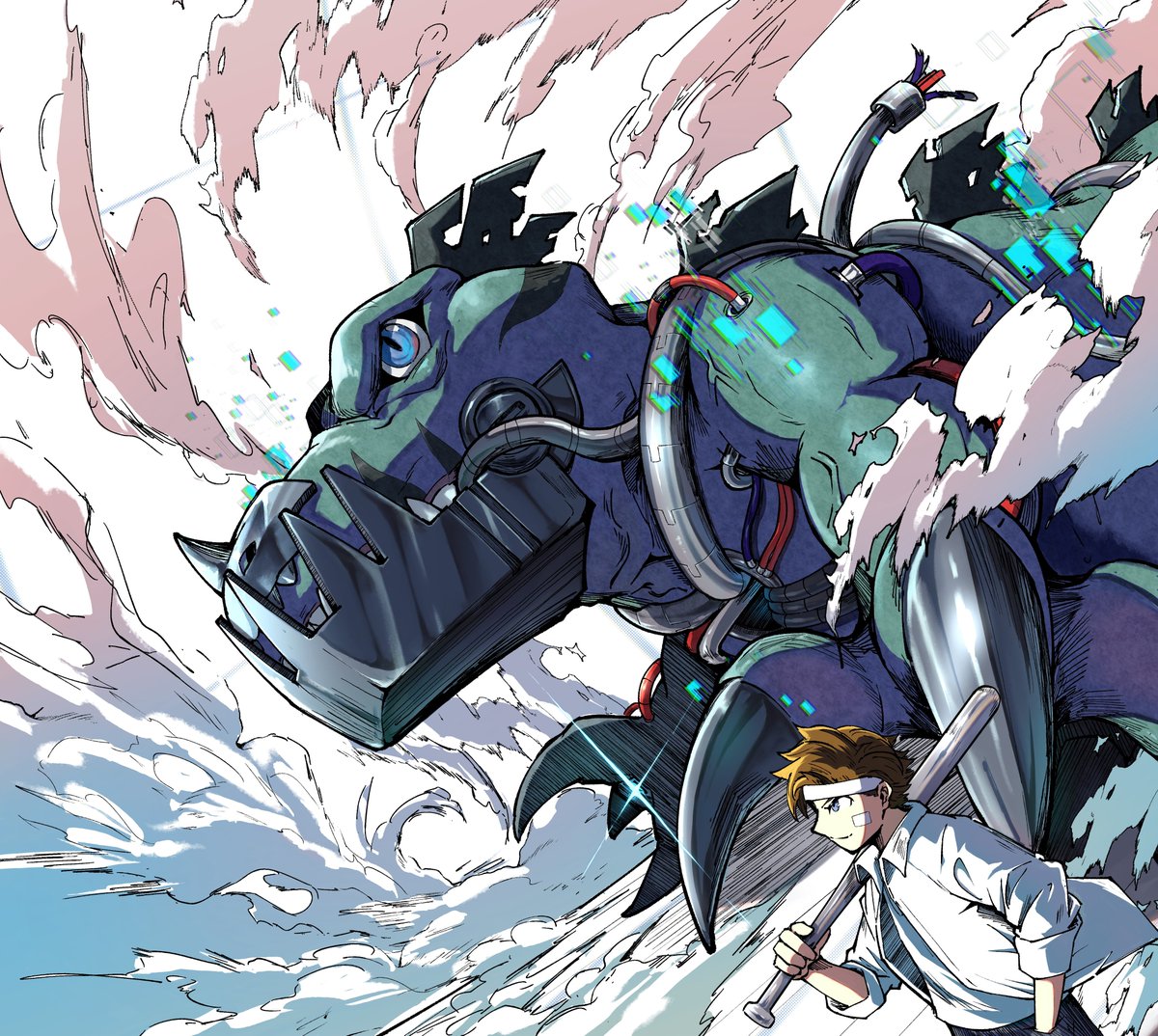 ayumuminato baseball_bat blue_eyes brown_hair cyborg digimon digimon_(creature) digimon_paradox dinosaur dust from_side holding holding_baseball_bat metaltyranomon shinonome_reiji shirt short_hair white_shirt