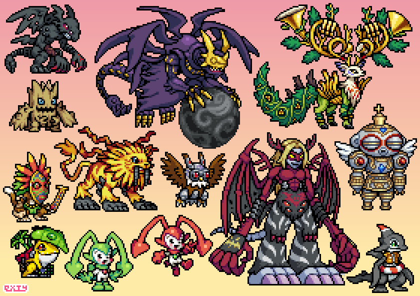 bird cernumon claws devidramon digimon digimon_(creature) frogmon lucemon_satan_mode mask orcamon owl pucchiemon pucchiemon_(green) red_eyes saberleomon sepikmon shakkoumon sharp_teeth solo tail teeth venomvamdemon wings woodmon