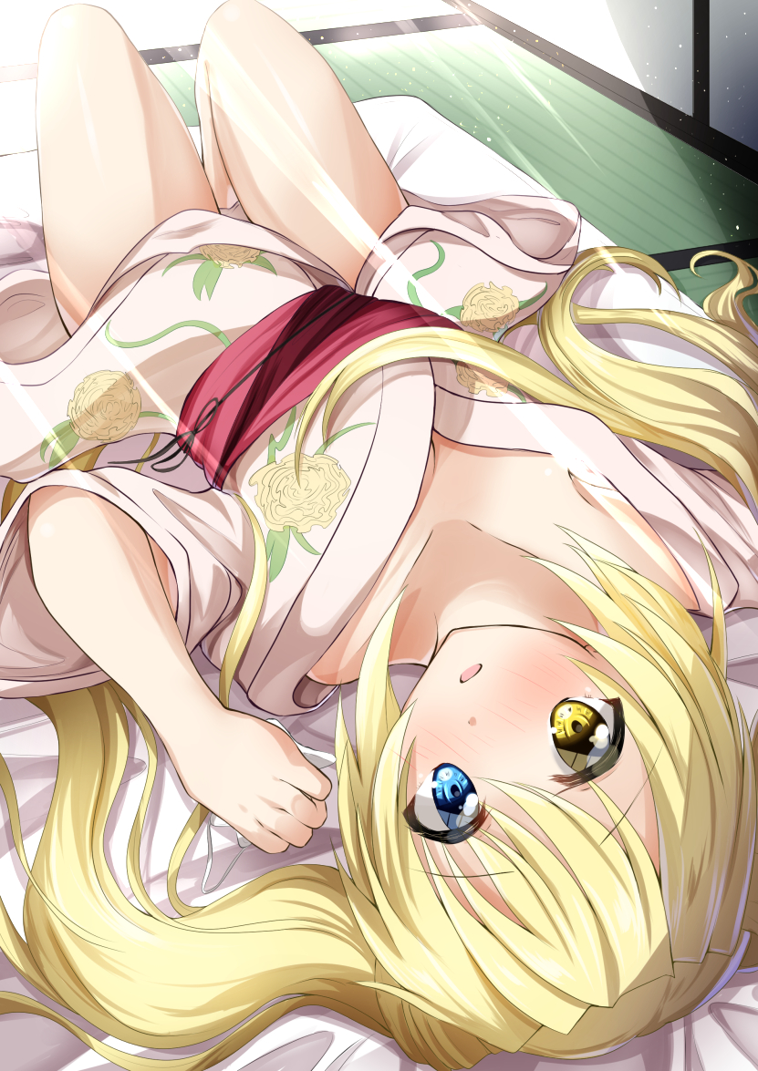 1girl alternate_costume blonde_hair blue_eyes blush collarbone commentary dutch_angle floral_print full_body futon hair_between_eyes hair_spread_out hand_up heterochromia indoors japanese_clothes kimono knees_up long_hair long_sleeves looking_at_viewer lying nakatsu_shizuru nose_blush on_back open_mouth print_kimono rewrite shy sidelocks solo tatami thighs twintails upside-down white_kimono wide_sleeves yellow_eyes yukimi_kazusa