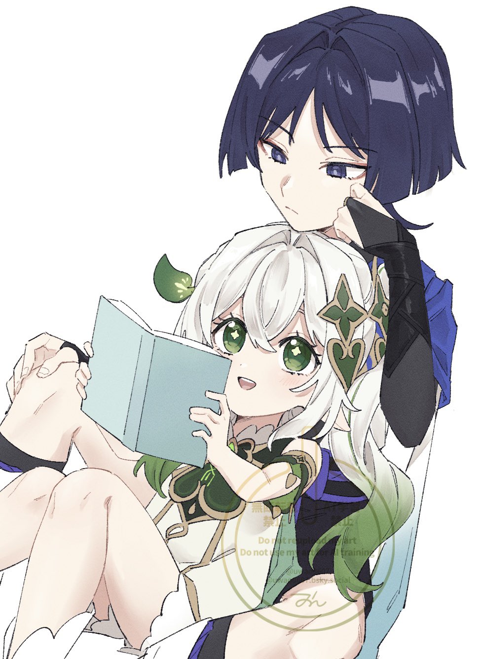 1boy 1girl armlet armor belt black_belt black_bridal_gauntlets black_hair black_leggings black_shorts bloomers bluesky_username blunt_ends book bridal_gauntlets cape closed_mouth colored_eyelashes cross-shaped_pupils detached_sleeves dress expressionless eyeliner eyeshadow fingernails furisode genshin_impact gold gold_ring gold_trim gradient_hair gradient_sleeves green_eyes green_hair green_pupils green_sleeves grey_pupils hair_intakes hair_ornament hand_on_own_knee hand_up heart heart_hair_ornament highres holding holding_book japanese_armor japanese_clothes jewelry kimono knees_together_feet_apart kote kurokote leaf leaf_hair_ornament leg_warmers leggings light_blush makeup middle_ring multicolored_hair nahida_(genshin_impact) open_mouth pointy_ears purple_cape purple_eyes purple_rope purple_sash red_eyeliner red_eyeshadow rope sash scaramouche_(genshin_impact) shorts signature sitting_between_lap smile streaked_hair symbol-shaped_pupils tareme teeth tsurime twitter_username underwear upper_teeth_only uwao0607 wanderer_(genshin_impact) watermark white_background white_bloomers white_dress white_hair white_leg_warmers white_sleeves wispy_bangs