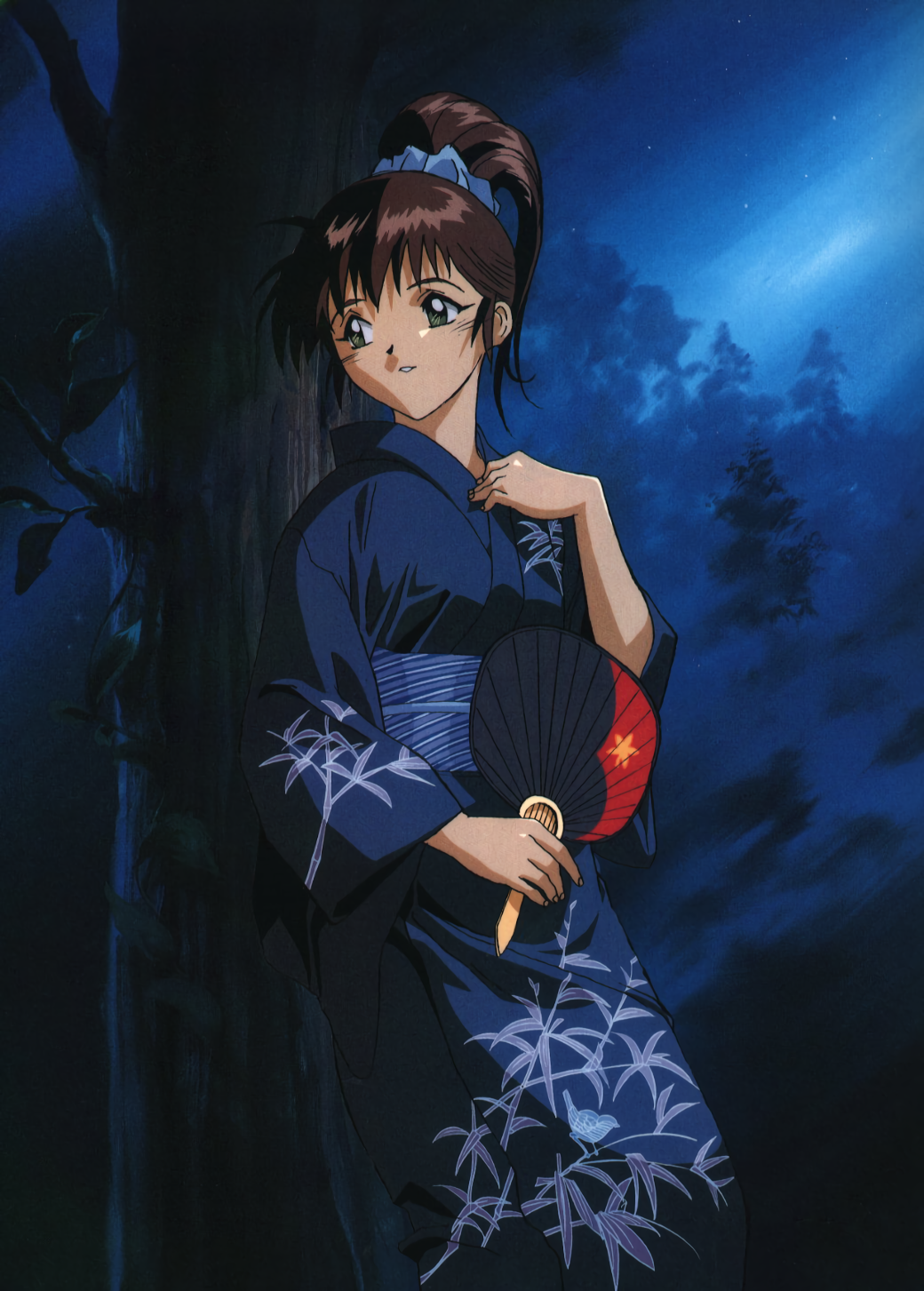 1990s_(style) 1girl against_tree animal_print bird_print blue_kimono blue_seed blue_theme fujimiya_momiji hair_ornament hair_scrunchie hand_fan highres holding holding_fan japanese_clothes kimono long_sleeves looking_away night obi official_art outdoors paper_fan parted_lips retro_artstyle sash scan scrunchie solo tree uchiwa