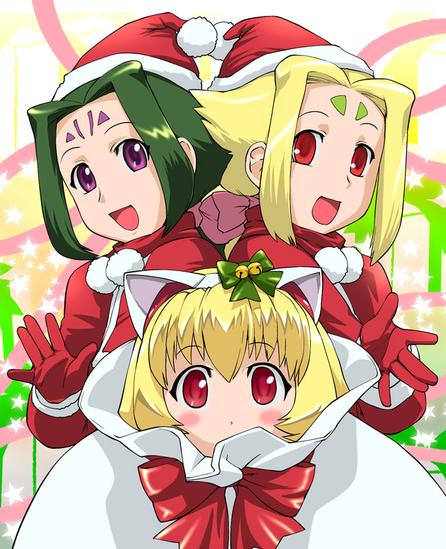 blonde_hair blush christmas facial_mark fiona_(zoids) forehead_mark gloves green_hair hat personification red_eyes ribbon santa_costume santa_hat short_hair ueyama_michirou zeke_(zoids) zoids zoids_chaotic_century
