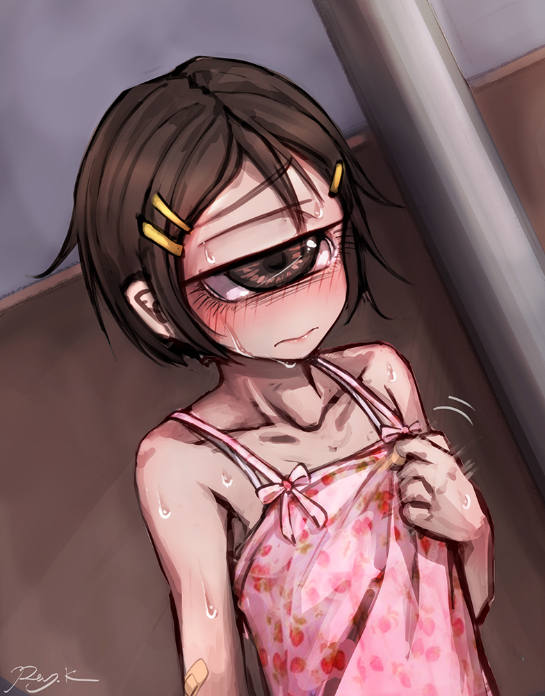 1girl bandaid bandaid_on_arm bare_shoulders blush brown_hair camisole closed_mouth cyclops dress dutch_angle female_focus hair_ornament hairclip hitomebore looking_at_viewer one-eyed pink_dress ray-k short_hair signature solo sweat usui_sachi