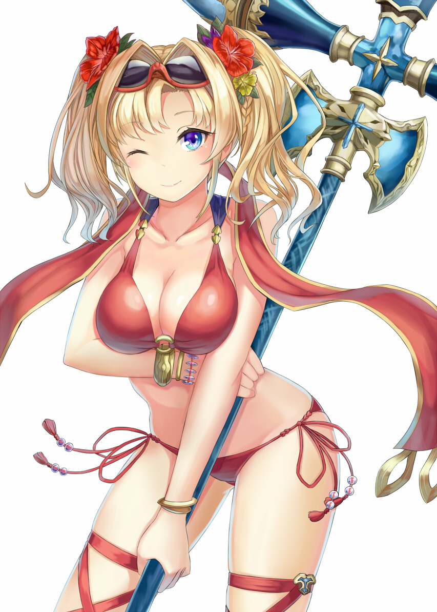 10s 1girl axe battle_axe battleaxe bikini blonde_hair blue_eyes blush breasts cleavage eyewear_on_head female_focus granblue_fantasy halterneck long_hair looking_at_viewer mizuya_nao one_eye_closed red_bikini shawl side-tie_bikini_bottom simple_background smile solo string_bikini sunglasses swimsuit twintails weapon zeta_(granblue_fantasy) zeta_(summer)_(granblue_fantasy)