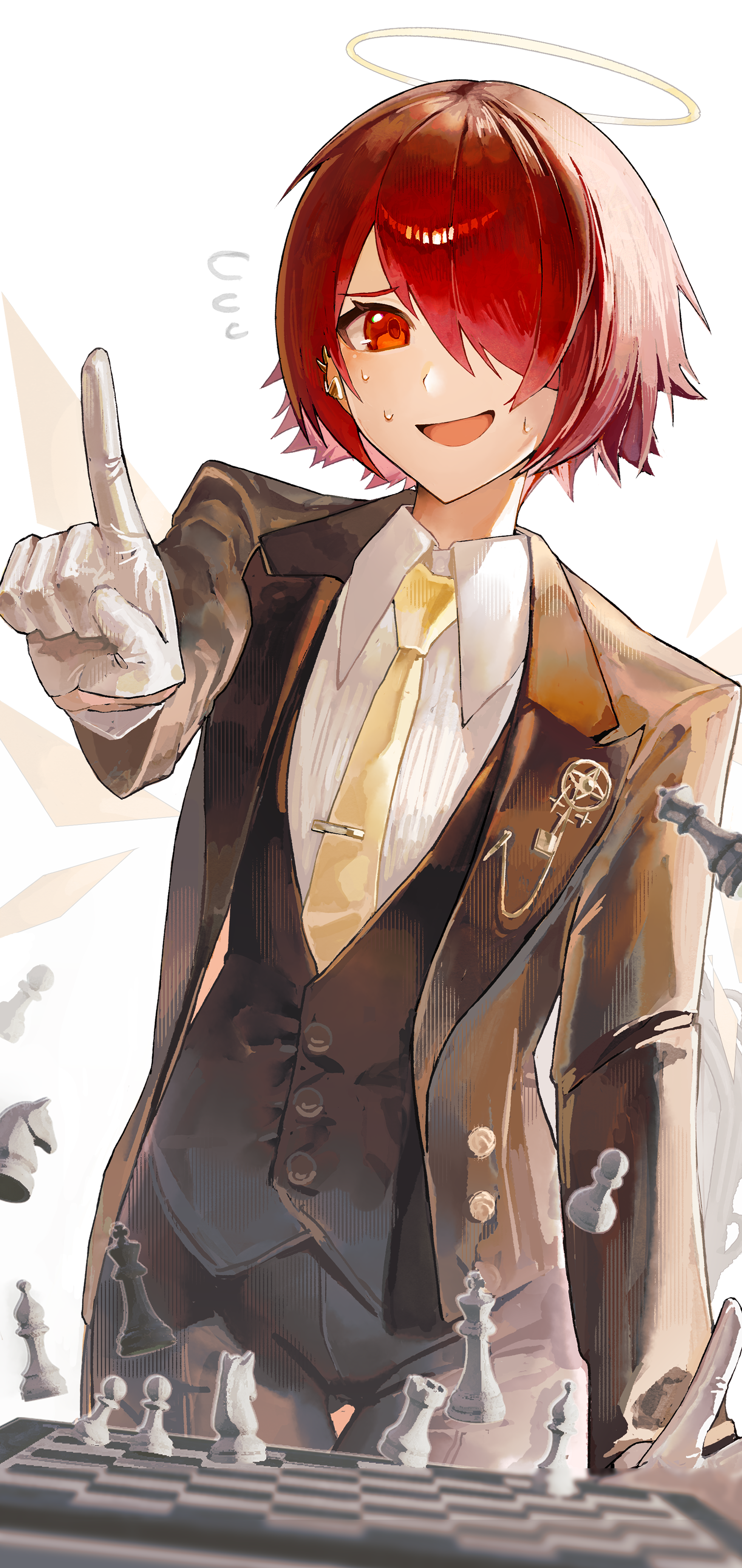1girl absurdres ambience_synesthesia arknights bishop_(chess) black_vest blazer board_game brown_jacket buttons chess chess_piece chessboard collared_shirt commentary cowboy_shot detached_wings exusiai_(arknights) flying_sweatdrops formal_clothes gloves hair_over_one_eye halo highres index_finger_raised jacket king_(chess) knight_(chess) lapels long_sleeves necktie nervous nervous_smile nervous_sweating official_alternate_costume one_eye_covered open_clothes open_jacket open_mouth outstretched_arm pawn_(chess) red_eyes red_hair rook_(chess) sanzuitaroh shirt short_hair simple_background smile solo standing sweat traditional_halo vest waistcoat white_background white_gloves white_shirt wings yellow_halo yellow_necktie