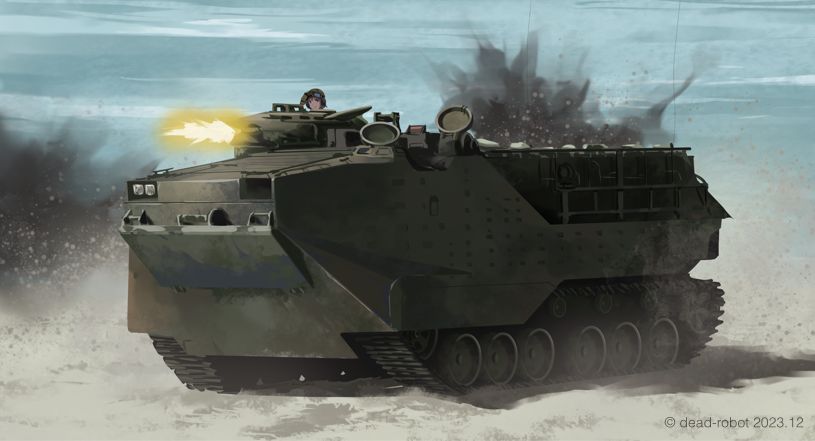 aav7 amphibious_ground_vehicle artistic_error beach dead-robot explosion firing gun landing_craft machine_gun military muzzle_flash ocean original under_fire vehicle_focus weapon