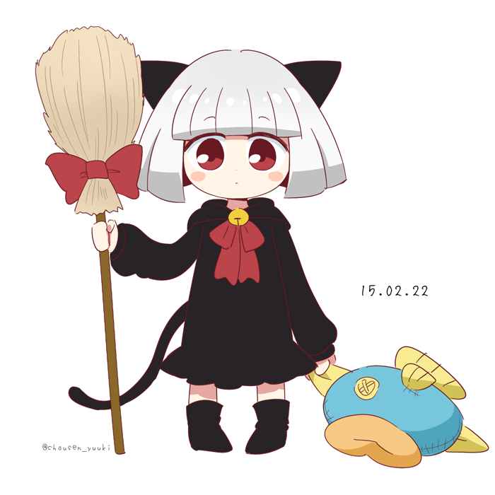 1girl animal_ears artist_name bell black_boots black_dress blunt_bangs blush blush_stickers boots bow broom cat_ears cat_girl cat_tail chousen_yuuki closed_mouth commentary_request dated dress expressionless full_body holding holding_broom hood hood_down hooded_dress jingle_bell keke_(kirby) kine_(kirby) kirby_(series) long_sleeves looking_at_viewer neck_bell neck_ribbon nintendo red_bow red_eyes red_ribbon ribbon short_hair simple_background solo standing stuffed_animal stuffed_fish stuffed_toy tail twitter_username white_background white_hair