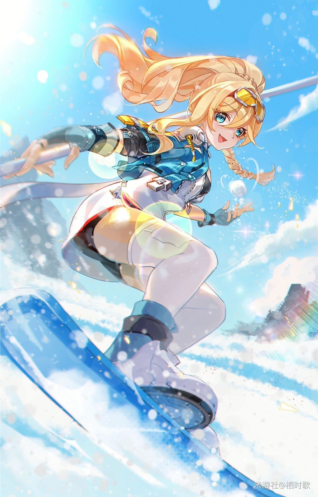 1girl aged_down aqua_gloves aqua_jacket black_shorts blonde_hair blue_sky cloud durandal_(honkai_impact) durandal_(reign_solaris)_(honkai_impact) fingerless_gloves floating_hair gloves goggles goggles_on_head hair_between_eyes highres honkai_(series) honkai_impact_3rd jacket javelin_(spear) long_hair open_mouth orange-tinted_eyewear shorts sishige skateboard skating sky smile snow solo thighhighs tinted_eyewear white_thighhighs yellow-tinted_eyewear