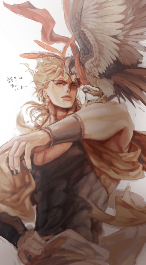 1boy animal_on_arm bird bird_on_arm black_nails blonde_hair dio_brando earrings falcon hand_on_own_hip helmet jacket jewelry jojo_no_kimyou_na_bouken male_focus nail_polish pet_shop scar scarf takashi_(huzakenna) translation_request upper_body wristband