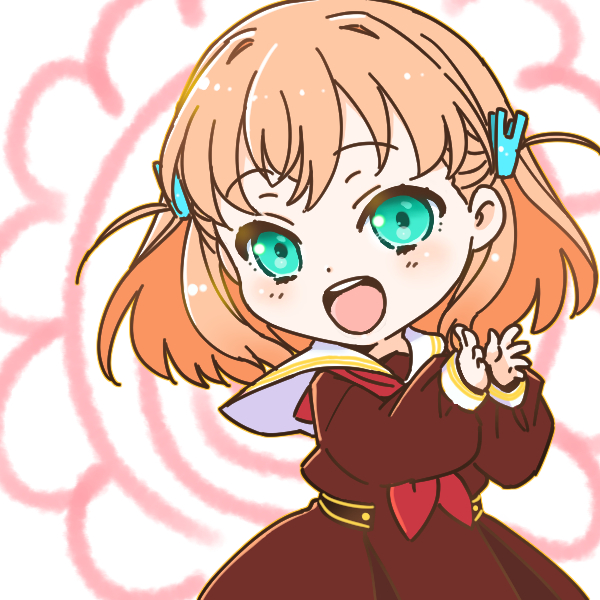 1girl :d aqua_eyes brown_dress chibi chibi_only commentary cowboy_shot crossed_bangs dress hair_ornament hanamaru hasu_no_sora_school_uniform hinoshita_kaho link!_like!_love_live! long_sleeves looking_at_viewer love_live! medium_hair neckerchief open_mouth orange_hair own_hands_together pleated_dress rabbit_hair_ornament red_neckerchief sailor_collar sailor_dress school_uniform shinanoya_(satanicad) smile solo teeth two_side_up upper_teeth_only virtual_youtuber white_background white_sailor_collar winter_uniform