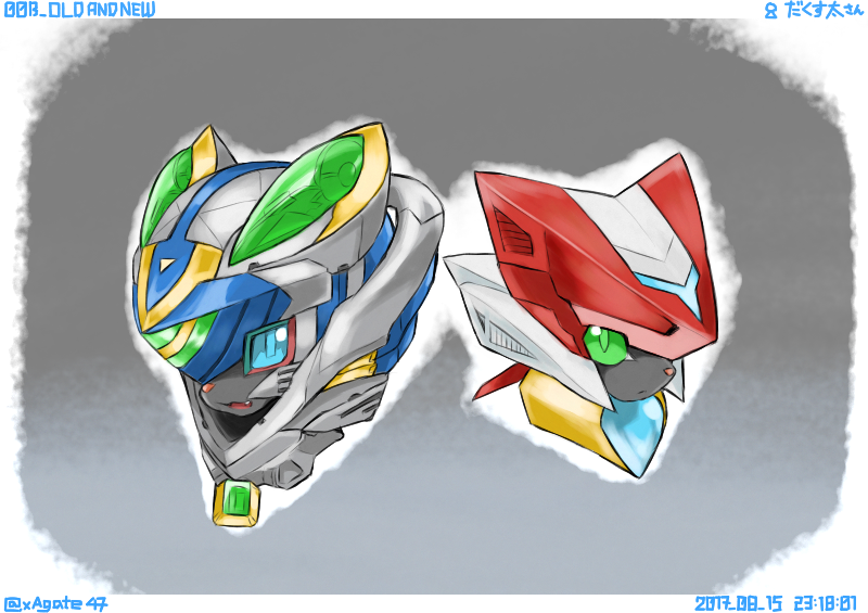1boy android animalization blue_eyes capcom fur_trim green_eyes grey_background helmet mega_man_(series) over-1_(mega_man) rockman_xover simple_background solo xagate47