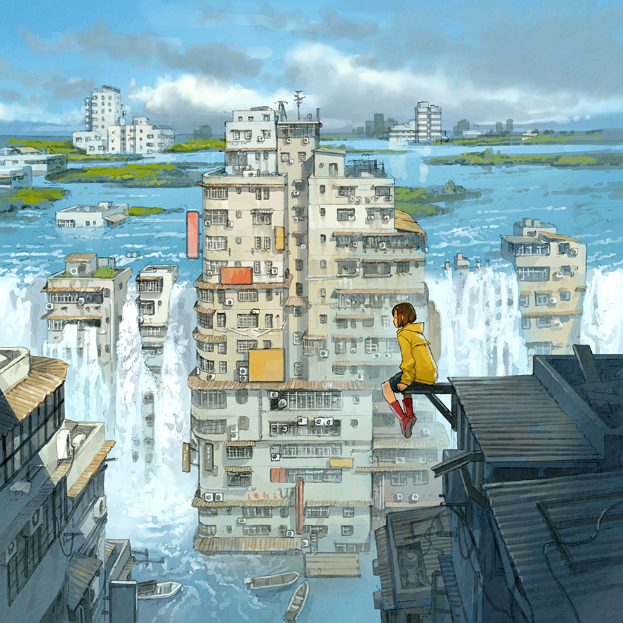 1girl black_shorts blue_sky boat boots brown_hair building city cityscape cloud commentary_request condenser_unit day dock from_above hood hoodie island lake medium_hair on_roof original outdoors profile radio_antenna red_boots rubber_boots scenery shadow shorts sign sitting sitting_on_roof sky skyscraper solo sunlight water watercraft waterfall yellow_hoodie yoshida_seiji