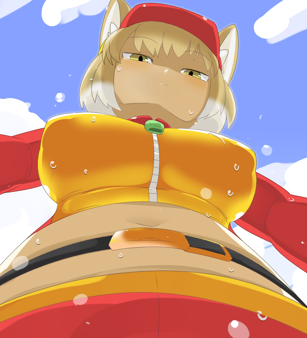 1girl animal_ear_fluff animal_ears belt black_belt blue_sky blush breasts closed_mouth cloud cowboy_shot crop_top expressionless fox_ears fox_girl from_below half-closed_eyes hat kemono_friends large_breasts lets0020 looking_at_viewer looking_down navel red_hat red_skirt shaded_face shirt short_hair skirt sky solo tibetan_fox_(kemono_friends) yellow_eyes yellow_shirt zipper