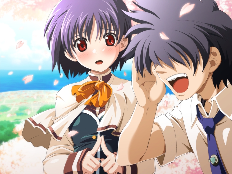 1boy 1girl edelweiss edelweiss_eiden_fantasia game_cg haruma_kazushi purple_hair red_eyes school_uniform takase_sakura
