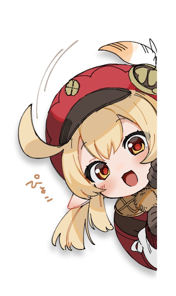 1girl blonde_hair genshin_impact gloves gotoh_(nekocat) grey_gloves hat jacket klee_(genshin_impact) looking_at_viewer no_nose open_mouth peeking_out pointy_ears pom_pom_(clothes) red_eyes red_hat red_jacket side_ahoge sidelocks simple_background smile solo translation_request upper_body white_background