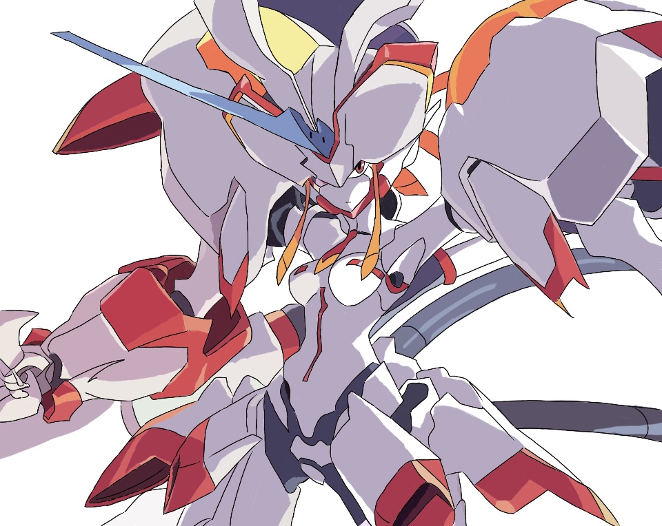 1girl android armor blue_horns breasts darling_in_the_franxx horns humanoid_robot lance mecha medium_breasts necktie orange_eyes orange_necktie polearm robot robot_girl shieryueguyu shoulder_armor single_horn skirt solo strelizia weapon white_background
