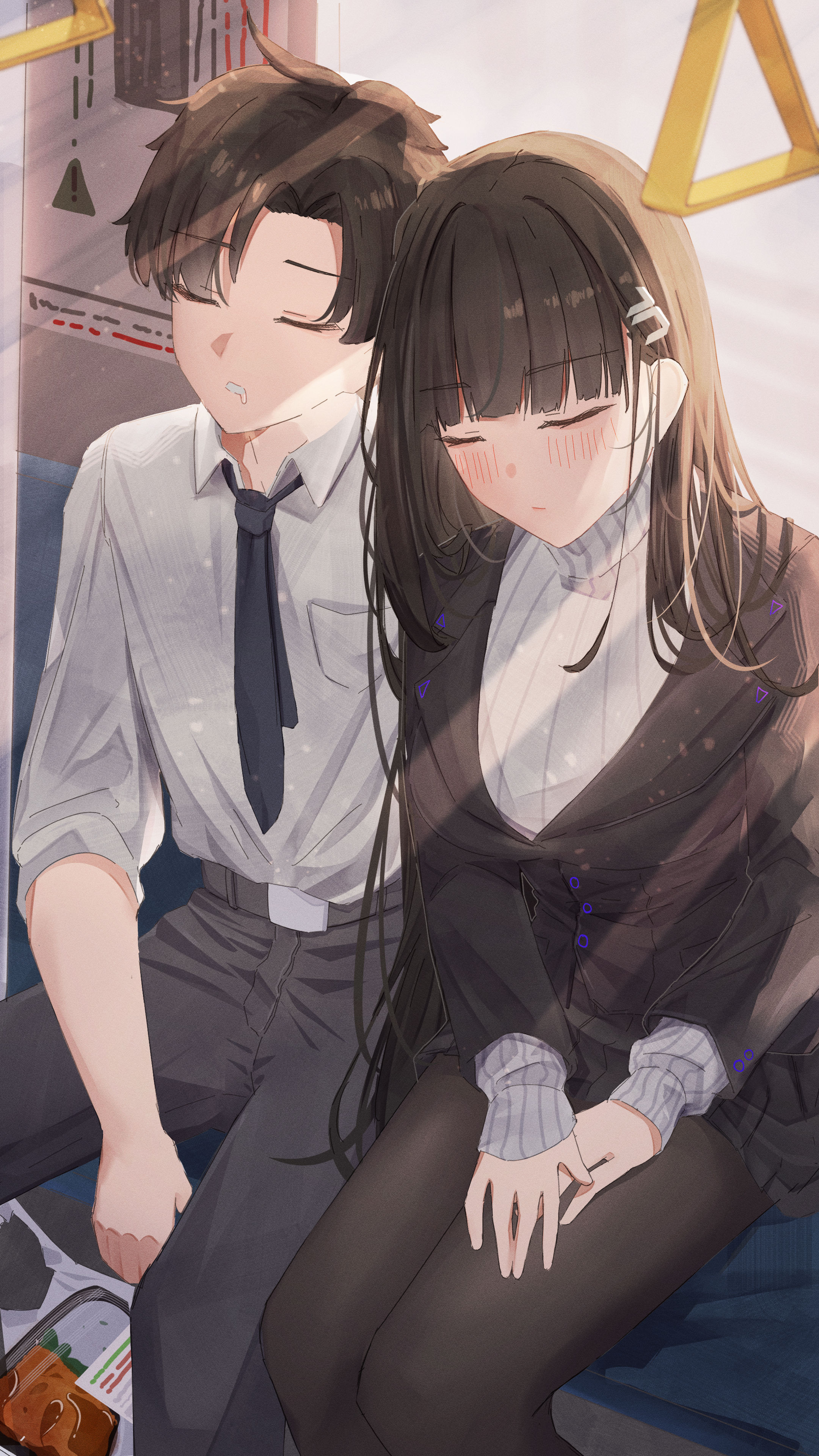 1boy 1girl absurdres black_hair blue_archive blue_archive_the_animation food hair_ornament hairclip highres leonardo_566 no_halo pantyhose rio_(blue_archive) sensei_(blue_archive) sensei_(blue_archive_the_animation) sleeping sweater turtleneck turtleneck_sweater white_sweater