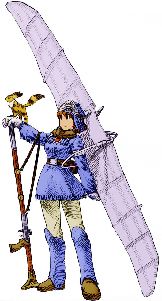 1980s_(style) 1girl aircraft belt brown_hair female_focus final_fantasy final_fantasy_tactics full_body glider gun kaze_no_tani_no_nausicaa kitsunerisu mehve nausicaa non-web_source oldschool parody ramb_chop retro_artstyle short_hair simple_background solo studio_ghibli style_parody teto_(nausicaa) weapon